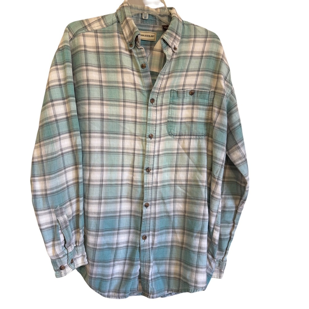 Bit & Bridle Mens Teal White Plaid Flannel Button Down Shirt Cotton L Chore Farm